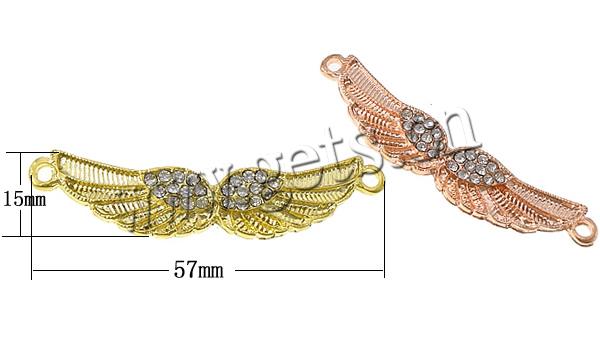 Animal Zinc Alloy Connector, Wing Shape, Customized & with rhinestone & 1/1 loop, cadmium free, 57x15x2mm, Hole:Approx 2.5mm, Sold By PC