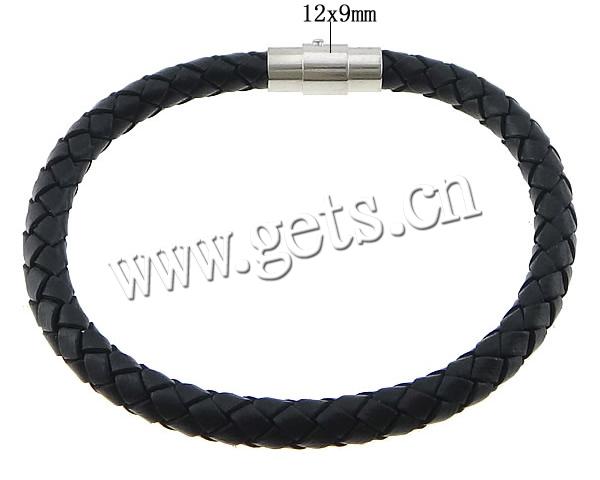 Bracelets de cuir de vachette, cuir de peau de vache, Alliage de zinc fermoir magnétique, Placage de couleur platine, multiple tailles pour le choix, noire, 7mm, 12x9mm, Vendu par brin