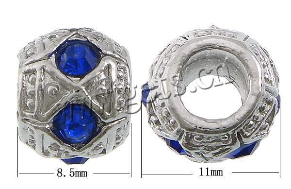 Rhinestone Zinc Alloy European Beads, Rondelle, plated, Customized & without troll, more colors for choice, cadmium free, 8.5x11mm, Hole:Approx 5mm, Sold By PC