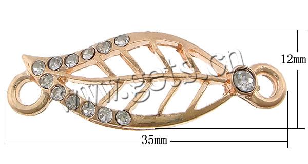 Conector de aleación de Zinc de diamantes de imitación, Hoja, chapado, Modificado para requisitos particulares & con diamantes de imitación & 1/1 aro, más colores para la opción, libre de cadmio, 35x12x2.5mm, agujero:aproximado 3mm, Vendido por UD