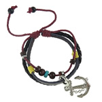 Los hombres de la pulsera y del brazalete, Cuero de vaca, con Cordón de algodón encerado & madera & aleación de zinc, Ancla, chapado en color de platina, pulsera del encanto & patrón náutico & ajustable & 3-aro, 60x75x10mm, longitud:aproximado 7-9 Inch, Vendido por Sarta