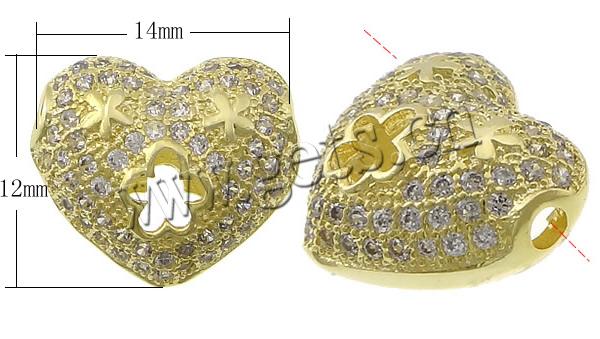 Cubic Zirconia Micro Pave Brass Beads, Heart, micro pave cubic zirconia, more colors for choice, 14x12x7mm, Hole:Approx 1.5mm, Sold By PC