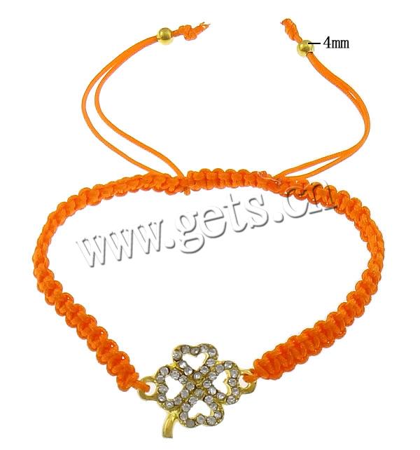 Zinc Alloy Woven Ball Bracelets, with Nylon Cord & Brass, Four Leaf Clover, plated, Customized & with rhinestone, more colors for choice, 21x16x2.5mm, 4mm, 5mm, Length:6-10 Inch, Sold By Strand