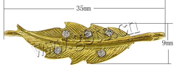 Rheinkiesel Zinklegierung Verbinder, Blatt, plattiert, Kundenindividuell & mit Strass & 1/1-Schleife, keine, frei von Kadmium, 35x9x2.5mm, Bohrung:ca. 2mm, verkauft von PC