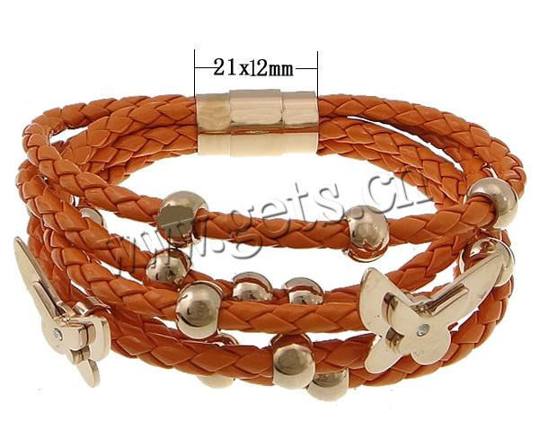 bracelet de cordon en PU , cuir PU, avec Acier inoxydable 316, Plaqué de couleur d'or rose, normes différentes pour le choix & 5 brins & avec strass, plus de couleurs à choisir, sans plomb et cadmium, 22.5x16x8mm, 5.5x8mm, 21x12mm, Vendu par brin