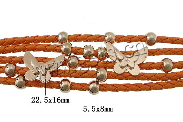 bracelet de cordon en PU , cuir PU, avec Acier inoxydable 316, Plaqué de couleur d'or rose, normes différentes pour le choix & 5 brins & avec strass, plus de couleurs à choisir, sans plomb et cadmium, 22.5x16x8mm, 5.5x8mm, 21x12mm, Vendu par brin