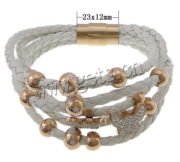 PU Schnur Armbänder, PU Leder, mit Ton & 316 Edelstahl, Rósegold-Farbe plattiert, unterschiedliche Länge der Wahl & mit 70 Stück Strass & 5-litzig, keine, frei von Blei & Kadmium, 16x12x9mm, 7x9mm, 6x8mm, 23x12mm, verkauft von Strang