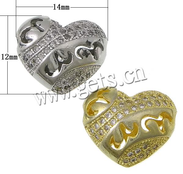 Cubic Zirconia Micro Pave Brass Beads, Heart, plated, micro pave cubic zirconia & hollow, more colors for choice, 14x12x7mm, Hole:Approx 2mm, Sold By PC