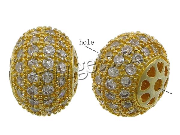 Cubic Zirconia Micro Pave Brass Beads, Rondelle, plated, micro pave cubic zirconia & hollow, more colors for choice, 9x12mm, Hole:Approx 2mm, Sold By PC