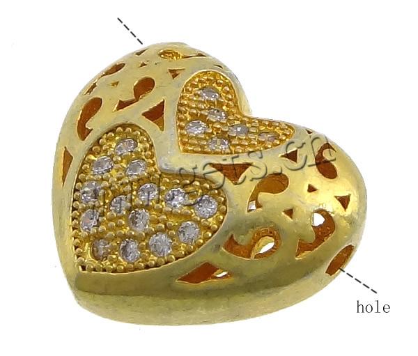 Cubic Zirconia Micro Pave Brass Beads, Heart, plated, micro pave cubic zirconia & hollow, more colors for choice, 15x13x7.5mm, Hole:Approx 1.8mm, Sold By PC