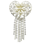 Rhinestone Zinc Alloy Brooch, with Glass Pearl, Heart, silver color plated, with rhinestone & hollow, white, lead & cadmium free 