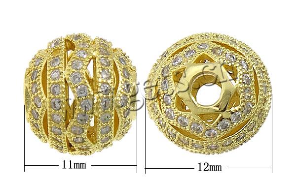 Cubic Zirconia Micro Pave Brass Beads, Round, plated, micro pave 112 pcs cubic zirconia & hollow, more colors for choice, 11x12mm, Hole:Approx 3mm, Sold By PC