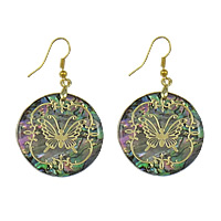 Abalone Shell Earring, with Brass, Flat Round, gold color plated, with butterfly pattern & gold accent 53mm 