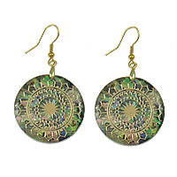 Abalone Shell Earring, with Brass, Flat Round, gold color plated, with flower pattern & gold accent 53mm 