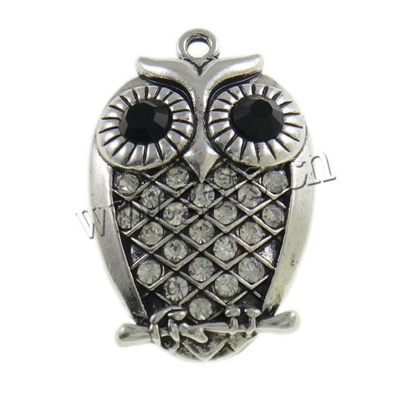 Zinc Alloy Animal Pendants, Owl, plated, Customized & with rhinestone, more colors for choice, nickel, lead & cadmium free, 27.5x41x6mm, Hole:Approx 2mm, Sold By PC