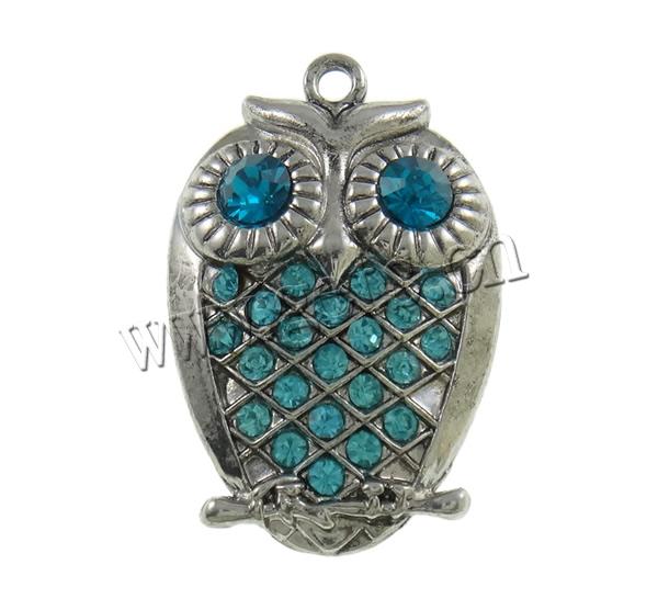 Zinc Alloy Animal Pendants, Owl, plated, Customized & with rhinestone, more colors for choice, nickel, lead & cadmium free, 27.5x41x6mm, Hole:Approx 2mm, Sold By PC