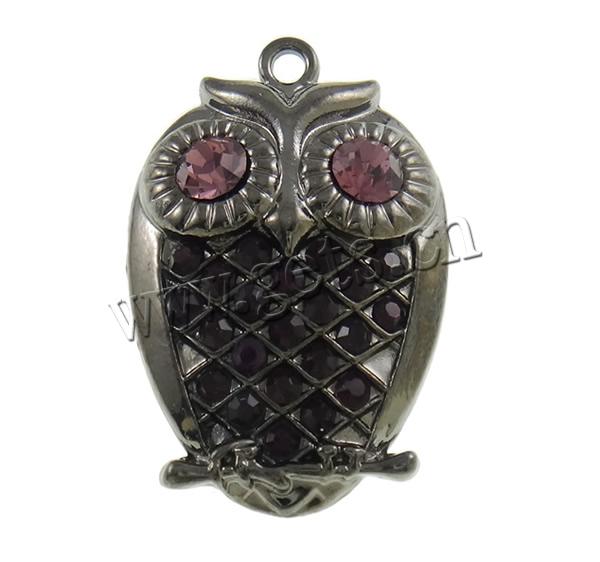 Zinc Alloy Animal Pendants, Owl, plated, Customized & with rhinestone, more colors for choice, nickel, lead & cadmium free, 27.5x41x6mm, Hole:Approx 2mm, Sold By PC