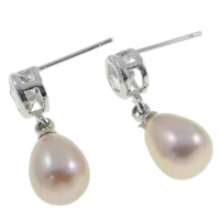 Freshwater Pearl Drop Earring, with Brass, brass post pin, Teardrop, pink, 8-10mm, 20-22mm 