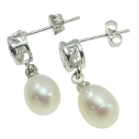 Freshwater Pearl Drop Earring, with Brass, brass post pin, Teardrop, white, 8-10mm, 20-22mm 