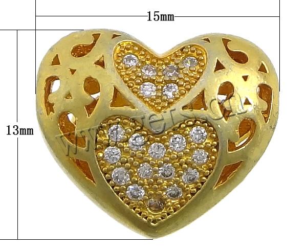 Cubic Zirconia Micro Pave Brass Beads, Heart, plated, micro pave cubic zirconia & hollow, more colors for choice, 15x13x7.5mm, Hole:Approx 1.8mm, Sold By PC