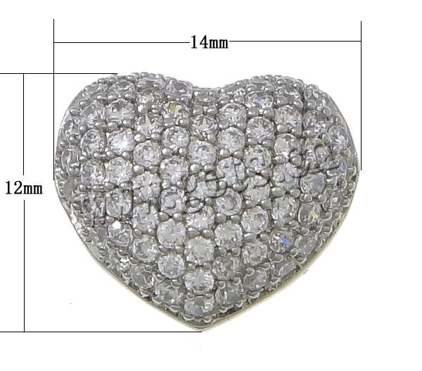 Cuentas Zirconia micro pavimenta cúbicos, metal, Corazón, chapado, micro arcilla de zirconia cúbica & hueco, más colores para la opción, 14x12x8mm, agujero:aproximado 3mm, Vendido por UD