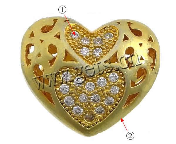 Cubic Zirconia Micro Pave Brass Beads, Heart, plated, micro pave cubic zirconia & hollow, more colors for choice, 15x13x7.5mm, Hole:Approx 1.8mm, Sold By PC