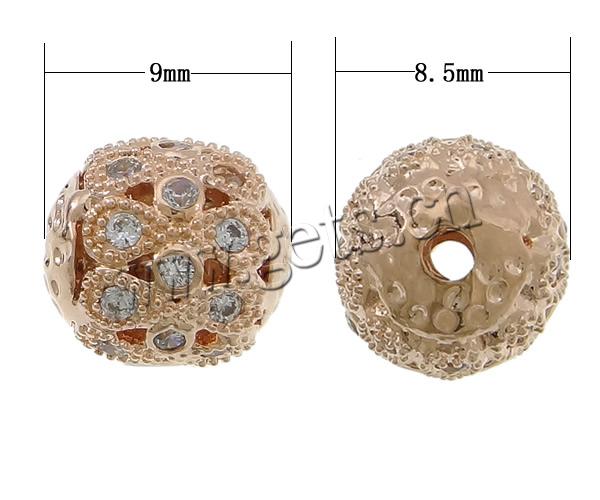 Cubic Zirconia Micro Pave Brass Beads, Round, plated, micro pave cubic zirconia & hollow, more colors for choice, 9x8.5mm, Hole:Approx 2mm, Sold By PC