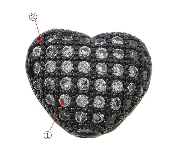 Cubic Zirconia Micro Pave Brass Beads, Heart, plated, micro pave cubic zirconia & hollow, more colors for choice, 12x10x6mm, Hole:Approx 1.8mm, Sold By PC