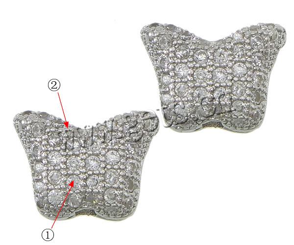 Zirkonia Micro pflastern Korn, Messing, Schmetterling, plattiert, Micro pave Zirkonia, keine, 11.5x8x5mm, Bohrung:ca. 2mm, verkauft von PC