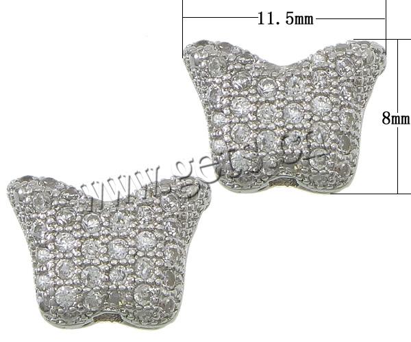 Cubic Zirconia Micro Pave Brass Beads, Butterfly, plated, micro pave cubic zirconia, more colors for choice, 11.5x8x5mm, Hole:Approx 2mm, Sold By PC