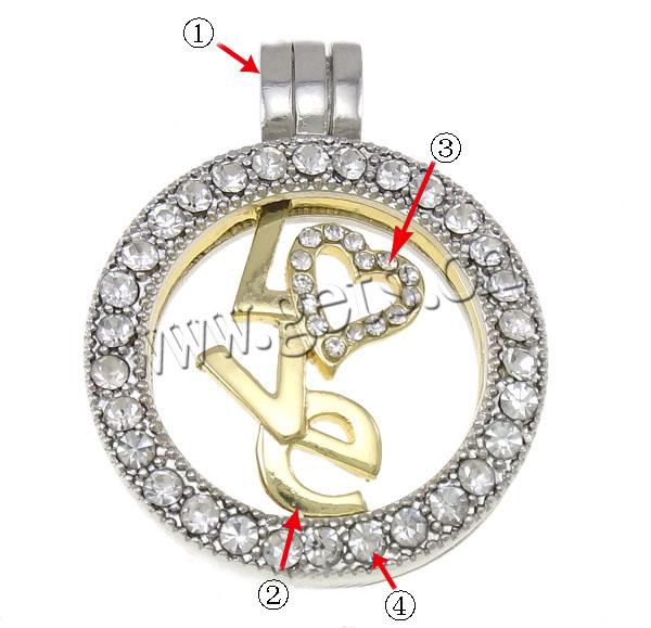 Zinc Alloy Floating Charm Pendant, Flat Round, plated, with heart pattern & Customized & with rhinestone, more colors for choice, nickel, lead & cadmium free, 28x36x6mm, Hole:Approx 4x6mm, Sold By PC