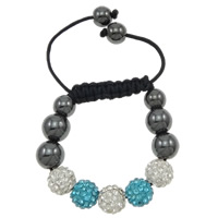 Rhinestone Woven Ball Bracelets, with Wax Cord & Hematite, with 45 pcs rhinestone & Customized 10mm Approx 7-11 Inch 