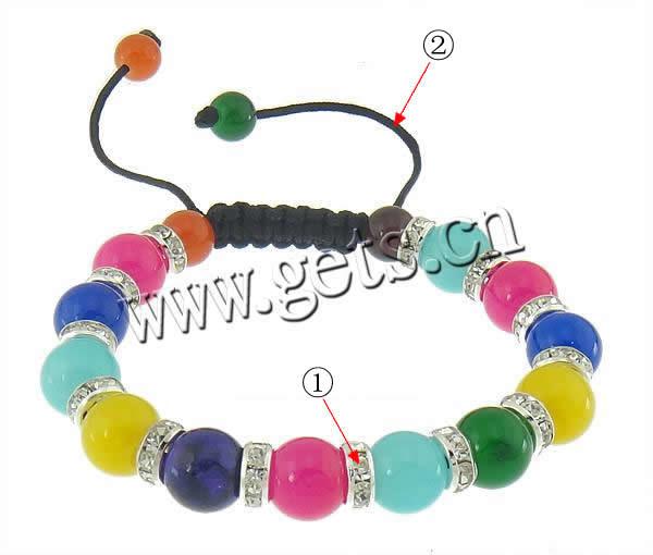 bracelet woven ball de perles en verre , avec entretoise laiton strass & corde en nylon, multicolore, 10mm, 8mm, 8x3.5mm, Longueur:Environ 7-12 pouce, Vendu par brin