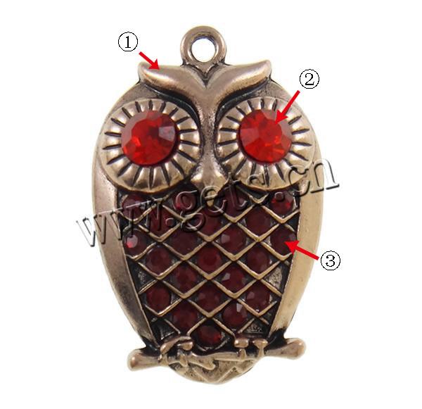 Zinc Alloy Animal Pendants, Owl, plated, Customized & with rhinestone, more colors for choice, nickel, lead & cadmium free, 27.5x41x6mm, Hole:Approx 2mm, Sold By PC