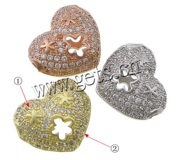 Cubic Zirconia Micro Pave Brass Beads, Heart, micro pave cubic zirconia, more colors for choice, 14x12x7mm, Hole:Approx 1.5mm, Sold By PC