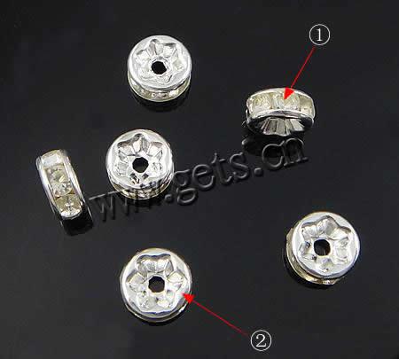 Rondelle Rhinestone Spacer, Brass, plated, with rhinestone, more colors for choice, 6mm, Hole:Approx 1.3mm, 100PCs/Bag, Sold By Bag