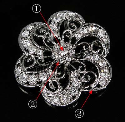 Rhinestone Zinc Alloy Brooch, Flower, plated, with rhinestone, more colors for choice, nickel, lead & cadmium free, 50x50x8.5mm, Hole:Approx 5mm, Sold By PC