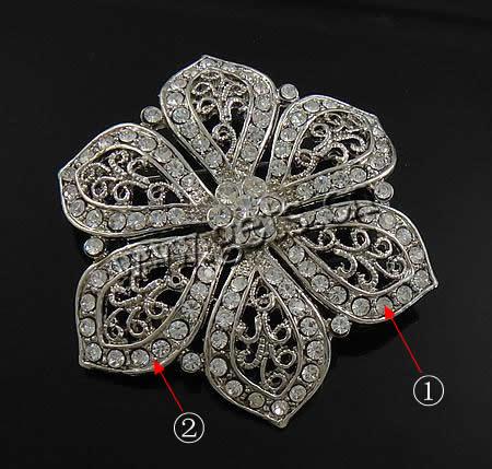 Rhinestone Zinc Alloy Brooch, Flower, plated, with rhinestone, more colors for choice, nickel, lead & cadmium free, 57x57mm, Sold By PC