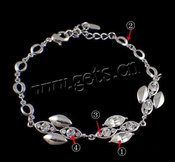 Zinc Alloy Rhinestone Bracelets, with Glass, zinc alloy lobster clasp, plated, Customized & with rhinestone, more colors for choice, nickel, lead & cadmium free, 26.5x13x5mm, Length:7.5 Inch, Sold By Strand