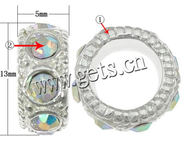 Rhinestone Zinc Alloy European Beads, Rondelle, plated, without troll & with rhinestone, more colors for choice, nickel, lead & cadmium free, 13x5mm, Hole:Approx 7mm, Sold By PC