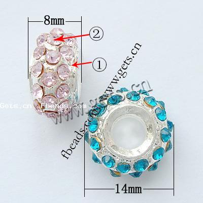 Granos de Rhinestone de Europeo , diamantes de imitación, con aleación de zinc, Toroidal, chapado, sin rosca, más colores para la opción, libre de cadmio, 14x8mm, agujero:aproximado 5mm, Vendido por UD