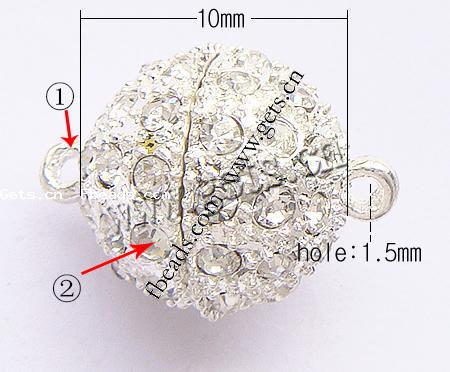 Messing Magnetverschluss, rund, plattiert, mit Strass & Einzelstrang, keine, 10mm, Bohrung:ca. 1.5mm, verkauft von PC