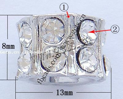 Пандора бусины сплава цинка горный хрусталь, цинковый сплав, Трубка, Другое покрытие, без Тролль & со стразами, Много цветов для выбора, не содержит никель, свинец, 13x8mm, отверстие:Приблизительно 7mm, продается PC
