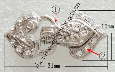 Cierre Magnético de Aleación de Zinc, chapado, enchapado grueso más que los 3μm & con diamantes de imitación, más colores para la opción, 31x15x7mm, agujero:aproximado 1.5mm, Vendido por UD