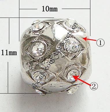 Strass Zink Legierung Europa Perlen, Zinklegierung, Trommel, plattiert, mit Strass von Nahost & ohne troll, keine, frei von Nickel, 10x11mm, Bohrung:ca. 4.5mm, verkauft von PC