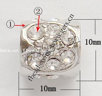 Пандора бусины сплава цинка горный хрусталь, цинковый сплав, Трубка, Другое покрытие, Покрытие толщиной более 3 мкм & без Тролль & со стразами, Много цветов для выбора, не содержит никель, свинец, 10x10mm, отверстие:Приблизительно 4.2-4.5mm, продается PC