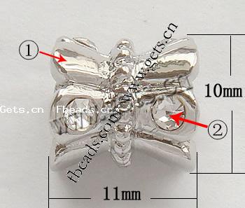 Strass Zink Legierung Europa Perlen, Zinklegierung, Blume, plattiert, plattierte Dicke über 3μm & ohne troll & mit Strass, keine, frei von Nickel, Blei & Kadmium, 11x10mm, Bohrung:ca. 4.2-4.5mm, verkauft von PC