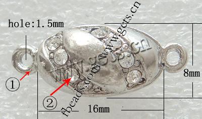 Fermoir magnétique en alliage de zinc, ovale, Plaquage normal, épaisseur de bordé plus de 3μm & avec les strass de Moyen-Orient & à un fil, plus de couleurs à choisir, 16x8x8mm, Trou:Environ 1.5mm, Vendu par PC