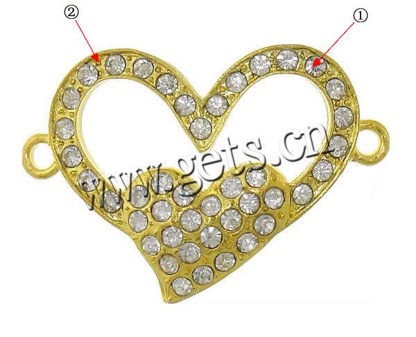 Conector de aleación de Zinc de diamantes de imitación, Corazón, chapado, con diamantes de imitación & 1/1 aro, más colores para la opción, libre de cadmio, 35x24x4mm, agujero:aproximado 2mm, Vendido por UD