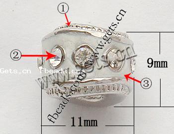 Gota de Europeo de aleación de zinc con esmalte, Tubo, chapado, enchapado grueso más que los 3μm & sólido & con diamantes de imitación & agujero largo, más colores para la opción, libre de cadmio, 11x9mm, agujero:aproximado 4.2-4.5mm, Vendido por UD